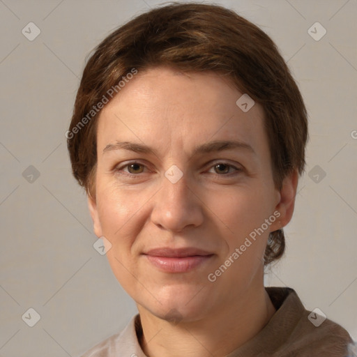 Joyful white adult female with short  brown hair and brown eyes