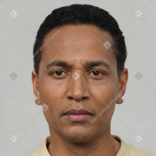 Neutral latino adult male with short  black hair and brown eyes