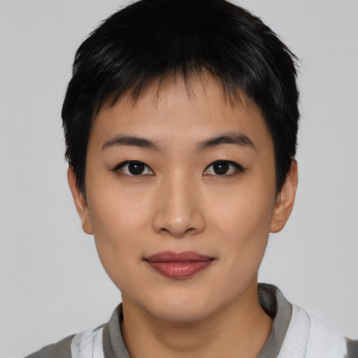 Joyful asian young-adult female with short  black hair and brown eyes