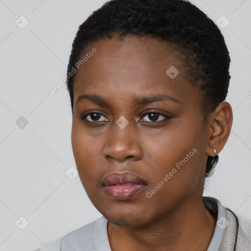 Neutral black young-adult female with short  black hair and brown eyes