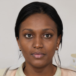 Neutral asian young-adult female with short  black hair and brown eyes