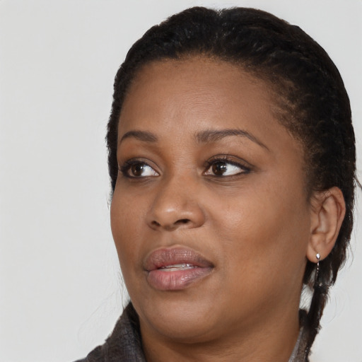 Joyful black young-adult female with long  black hair and brown eyes