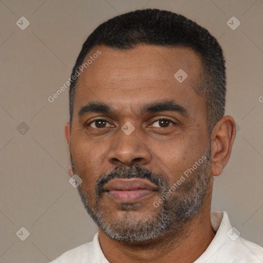 Neutral black adult male with short  black hair and brown eyes