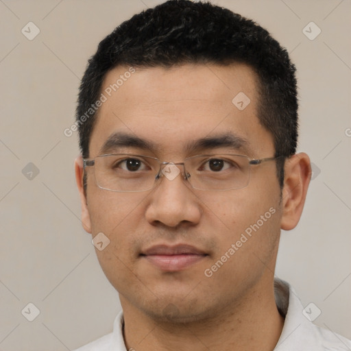 Neutral asian young-adult male with short  black hair and brown eyes