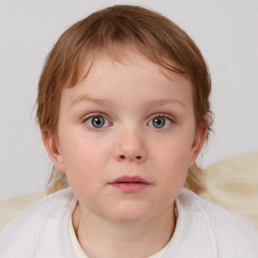 Neutral white child female with medium  brown hair and blue eyes