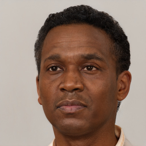 Neutral black adult male with short  brown hair and brown eyes