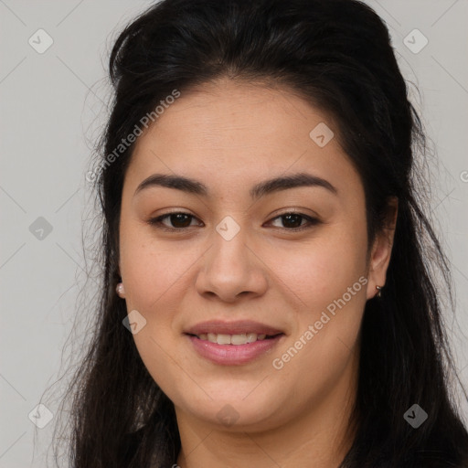 Joyful latino young-adult female with long  brown hair and brown eyes