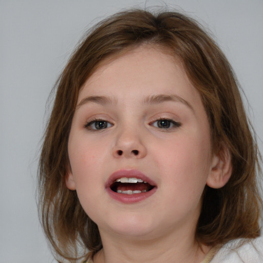 Joyful white child female with medium  brown hair and blue eyes