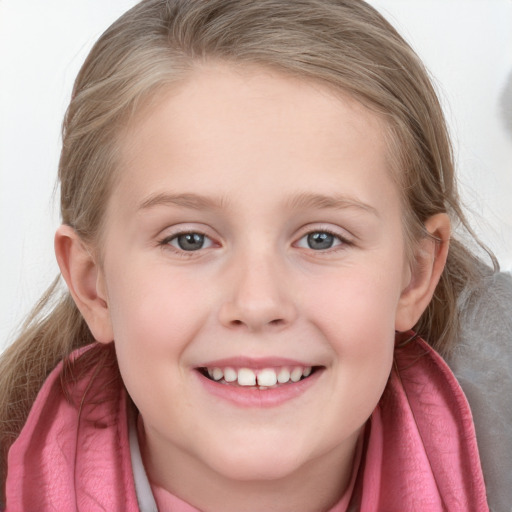 Joyful white child female with medium  brown hair and blue eyes