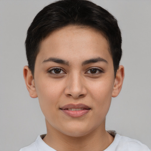 Joyful asian young-adult female with short  brown hair and brown eyes