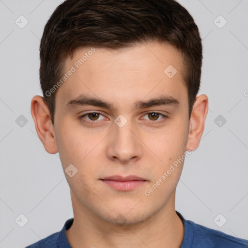 Neutral white young-adult male with short  brown hair and brown eyes