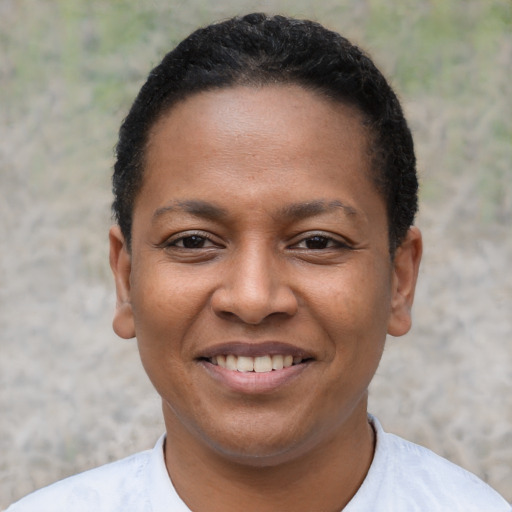 Joyful black young-adult female with short  black hair and brown eyes