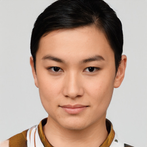 Neutral white young-adult female with short  brown hair and brown eyes