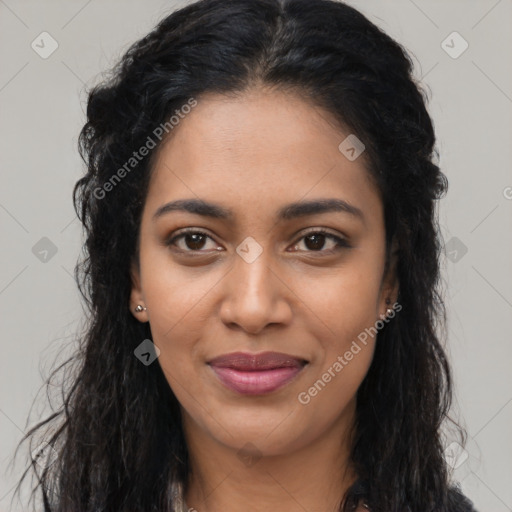 Joyful latino young-adult female with long  black hair and brown eyes