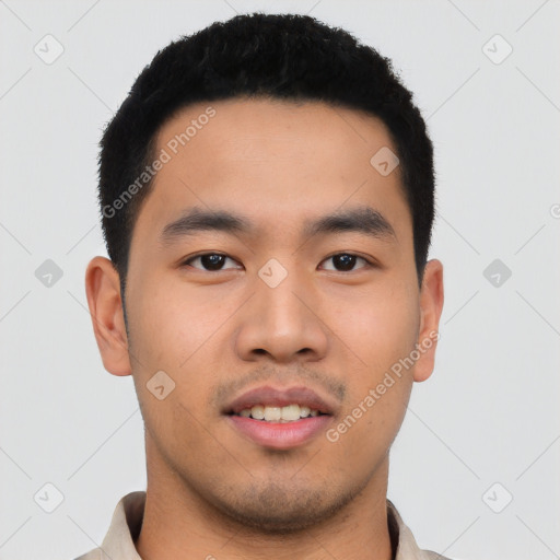 Neutral asian young-adult male with short  black hair and brown eyes