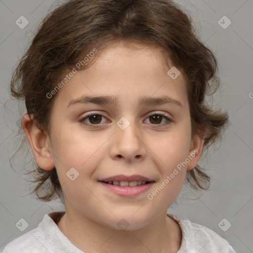 Joyful white child female with medium  brown hair and brown eyes