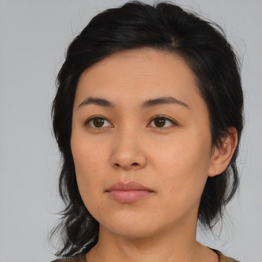 Neutral asian young-adult female with medium  black hair and brown eyes