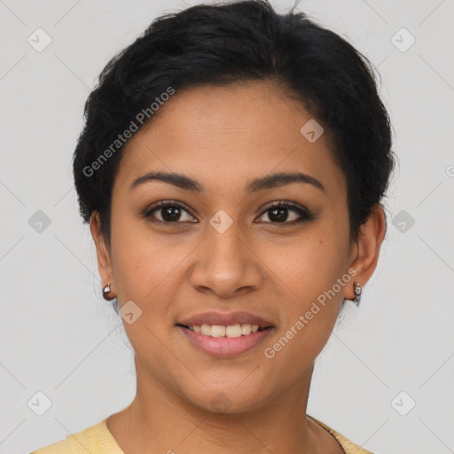 Joyful latino young-adult female with short  brown hair and brown eyes