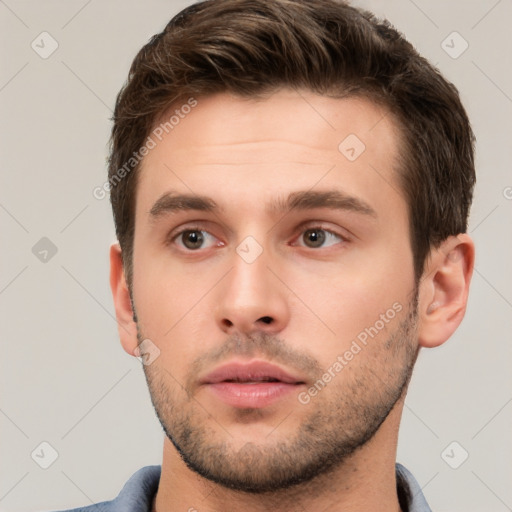 Neutral white young-adult male with short  brown hair and brown eyes