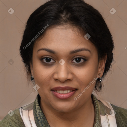 Joyful black young-adult female with medium  brown hair and brown eyes