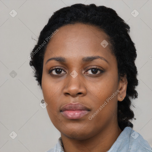 Neutral black young-adult female with short  black hair and brown eyes