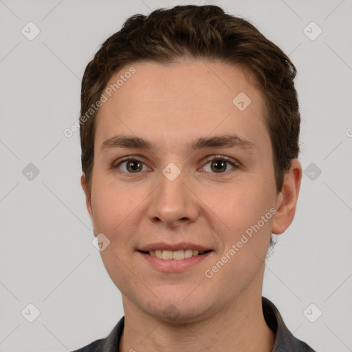 Joyful white young-adult female with short  brown hair and grey eyes