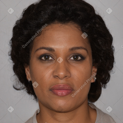 Joyful black adult female with short  brown hair and brown eyes