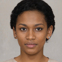 Neutral black young-adult female with short  black hair and brown eyes