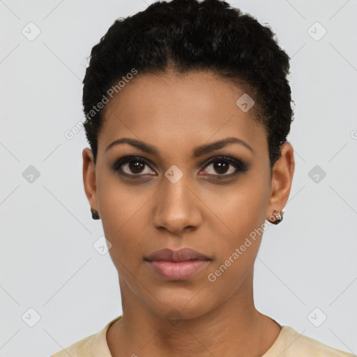 Neutral latino young-adult female with short  black hair and brown eyes