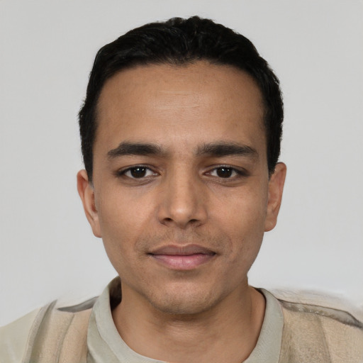 Neutral white young-adult male with short  black hair and brown eyes
