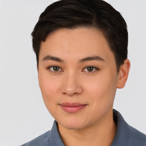 Joyful asian young-adult female with short  brown hair and brown eyes