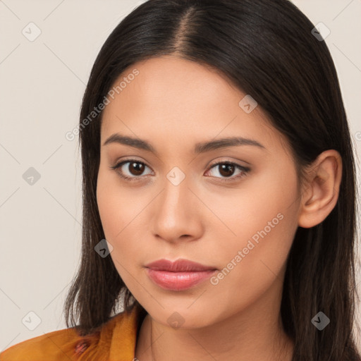 Neutral white young-adult female with long  brown hair and brown eyes