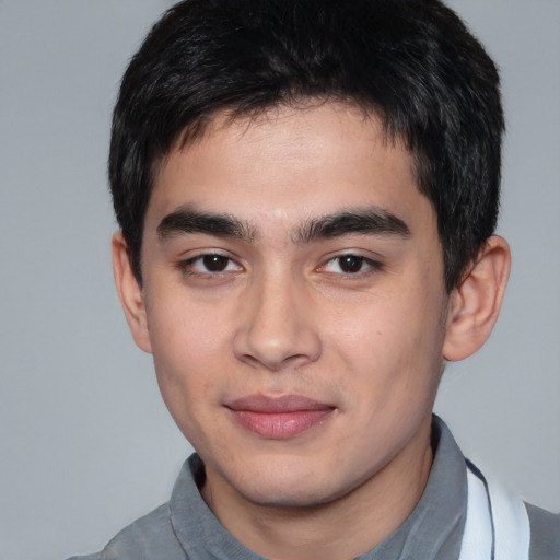 Neutral white young-adult male with short  black hair and brown eyes