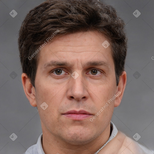 Neutral white adult male with short  brown hair and grey eyes