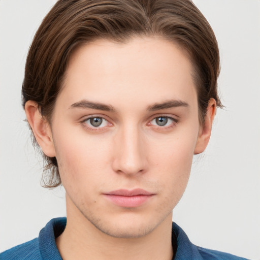 Neutral white young-adult male with medium  brown hair and blue eyes