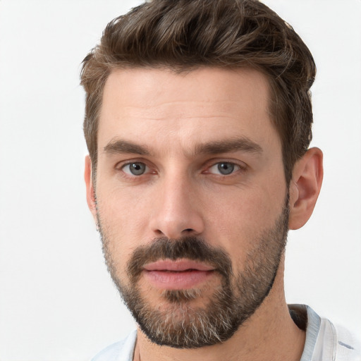 Neutral white young-adult male with short  brown hair and grey eyes