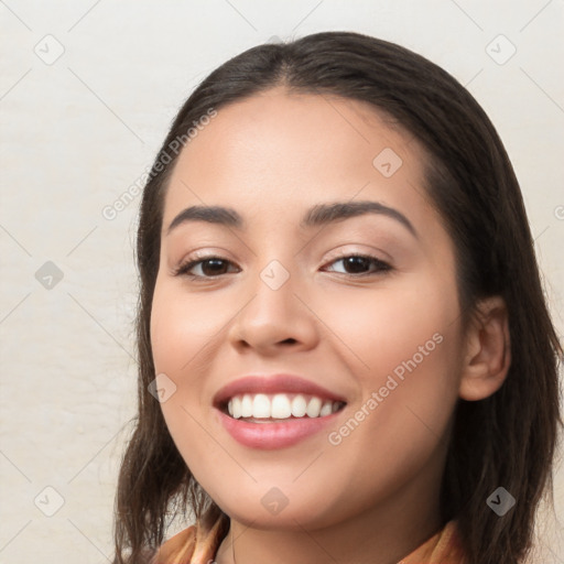 Joyful white young-adult female with long  brown hair and brown eyes