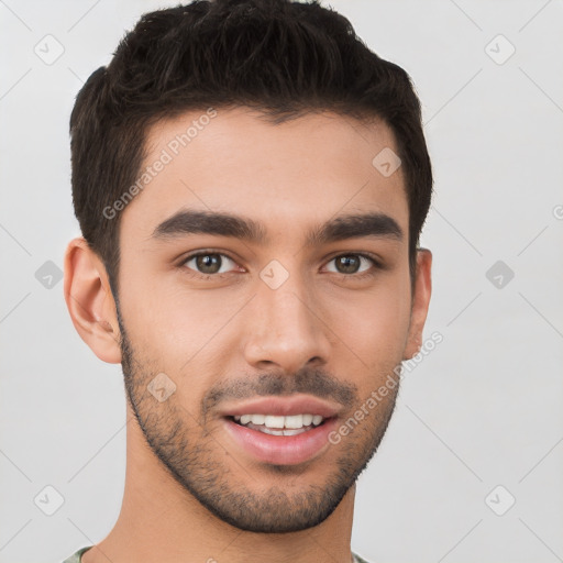 Joyful white young-adult male with short  brown hair and brown eyes