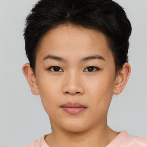 Neutral asian young-adult female with short  brown hair and brown eyes