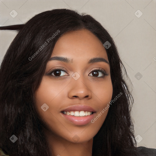 Joyful latino young-adult female with long  brown hair and brown eyes