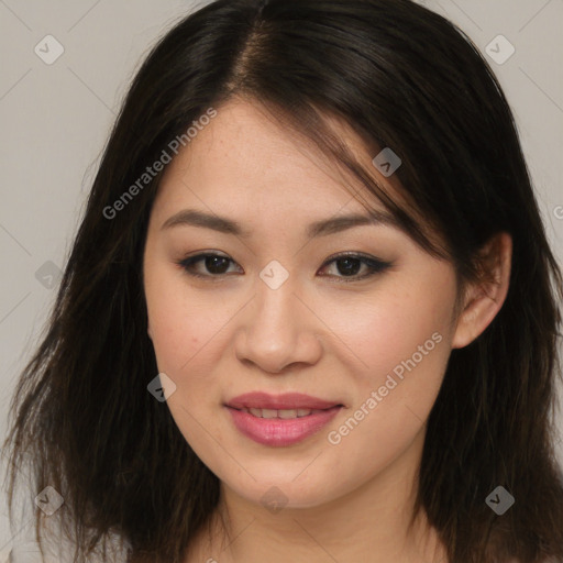 Joyful asian young-adult female with long  brown hair and brown eyes