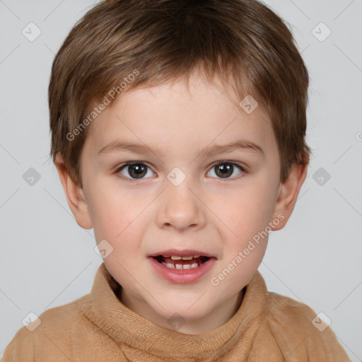 Joyful white child male with short  brown hair and brown eyes