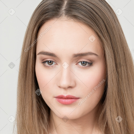 Neutral white young-adult female with long  brown hair and brown eyes