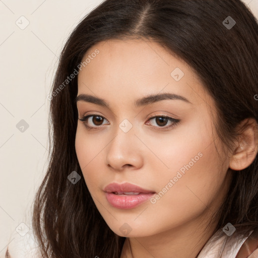 Neutral white young-adult female with long  brown hair and brown eyes