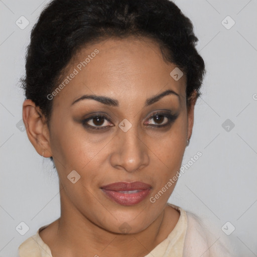 Joyful latino young-adult female with short  brown hair and brown eyes