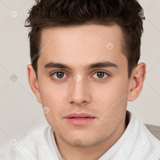 Neutral white young-adult male with short  brown hair and brown eyes