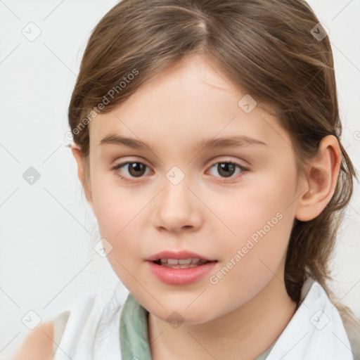 Joyful white child female with medium  brown hair and brown eyes