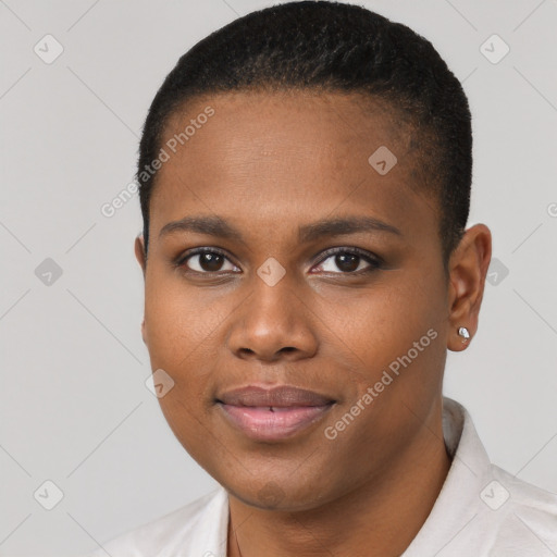 Joyful black young-adult female with short  brown hair and brown eyes