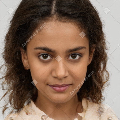 Joyful white child female with medium  brown hair and brown eyes