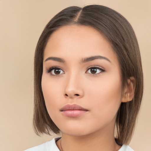 Neutral white young-adult female with medium  brown hair and brown eyes